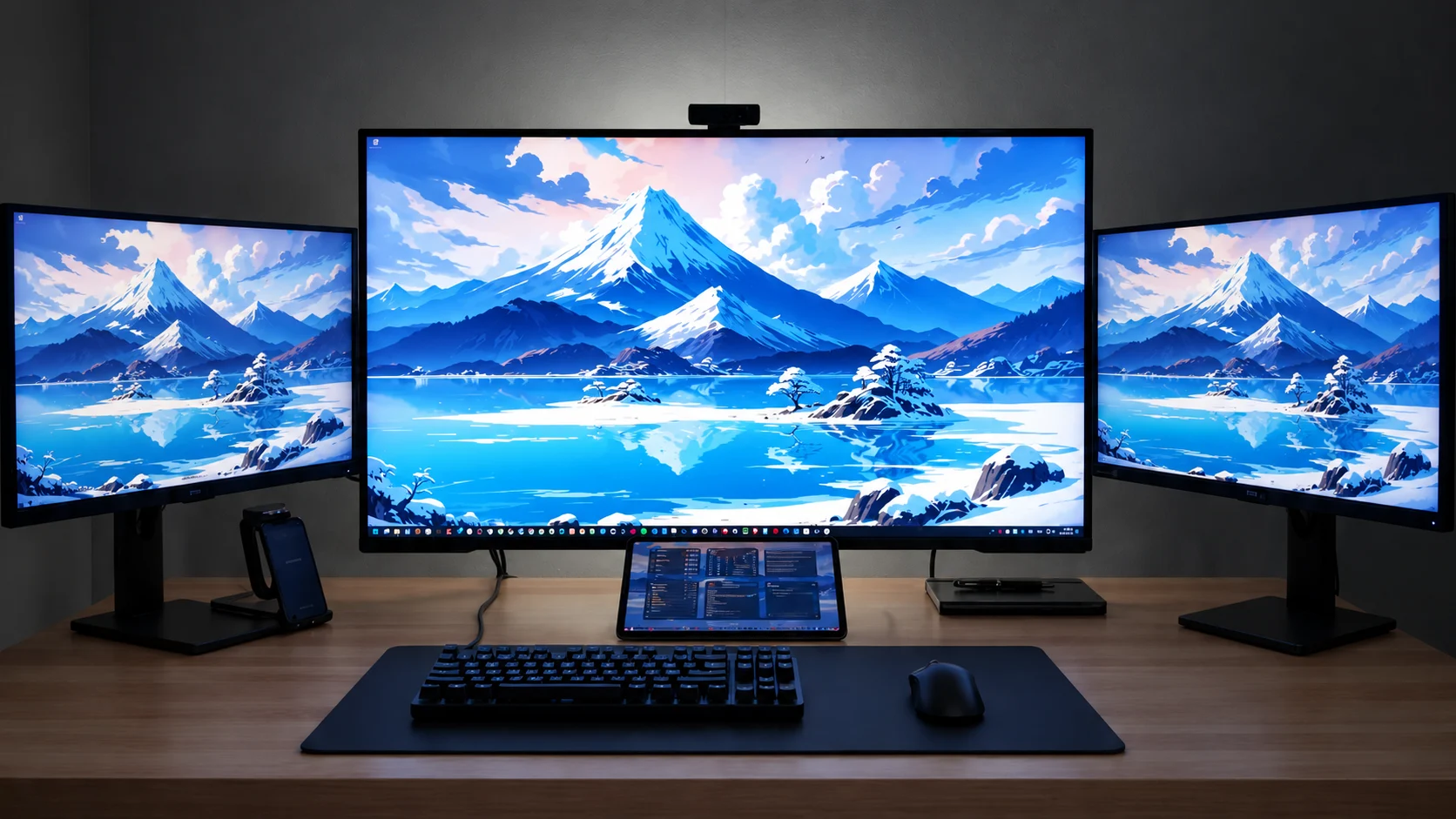 An illustration of Jerome’s workspace, based on his own video: a wooden desk and three monitors with blue mountain scenery